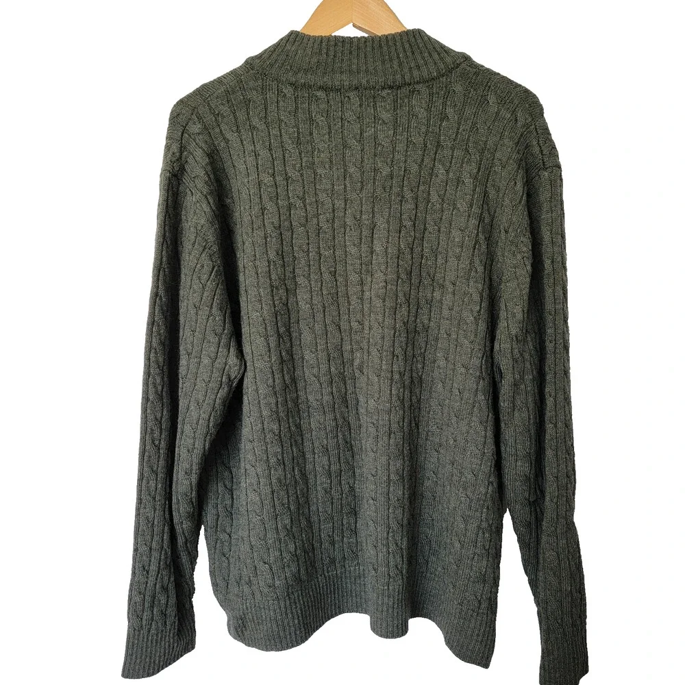 Lands End 100% Wool Cable Knit Sweater Mens XL Green Office Preppy Fisherman Zip
